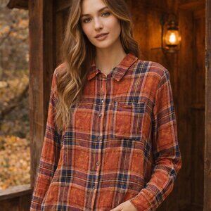 MYSTREE Rust Orange Plaid Button Up Minderal Wash Shirt Long Sleeve Collared